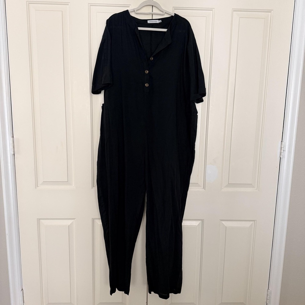 Misslook Jumpsuit Womens 5XL Black Henley Short Sleeve Pockets Plus Size